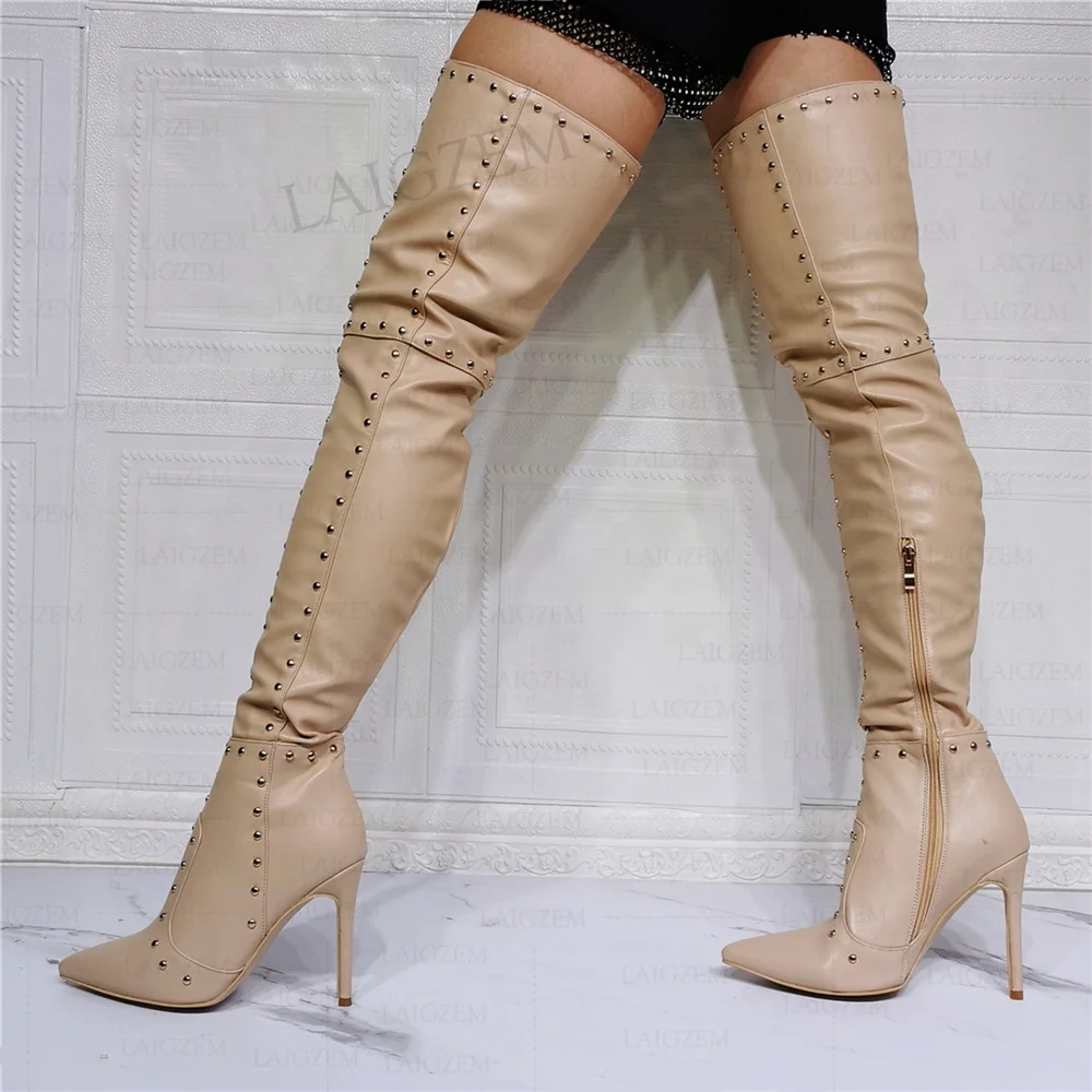 

SEIIHEM Women Thigh High High Boots Studded Side Zip Stiletto Heels Boots Over Knee Faux Leather Shoes Woman Size 38 41 44 47