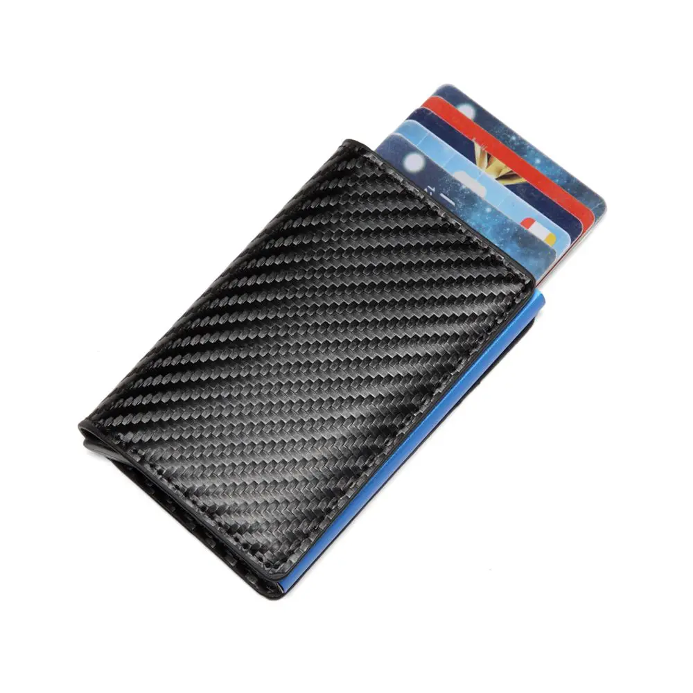 

Men Automatic Credit card holder carbon fiber Leather Wallet Aluminum Mini Wallet With Back Pocket ID Card RFID Blocking purse