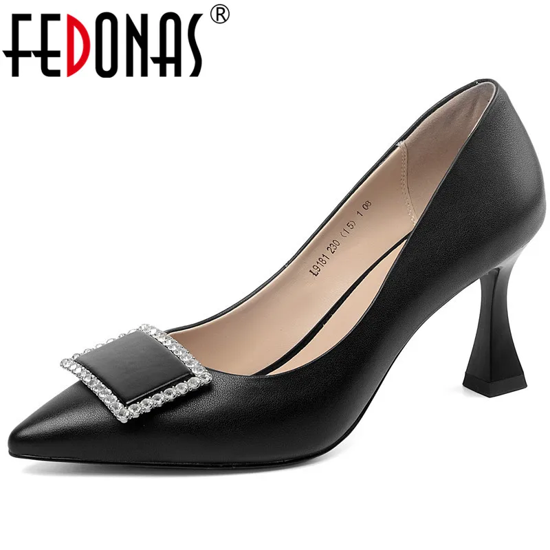 

FEDONAS Women Genuine Leather High Heels Pumps Sexy Rhinestone Party Wedding Shoes Woman 2021 Fashion Prom Pumps