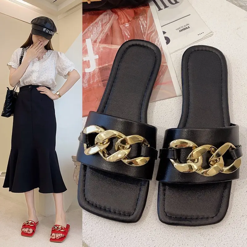 

2021 Fashion Women Slippers Ladies Square Slides Metal Open Toe Flat Outdoor Decoration Female Beach Shoes Zapatillas Mujer