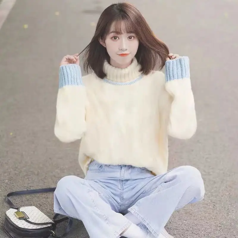 

Ulzzang Turtleneck Patchwork Knitted Sweater Korean Fashion Oversized Women Clothing Harajuku Kawaii Style Schoolgirl Tops