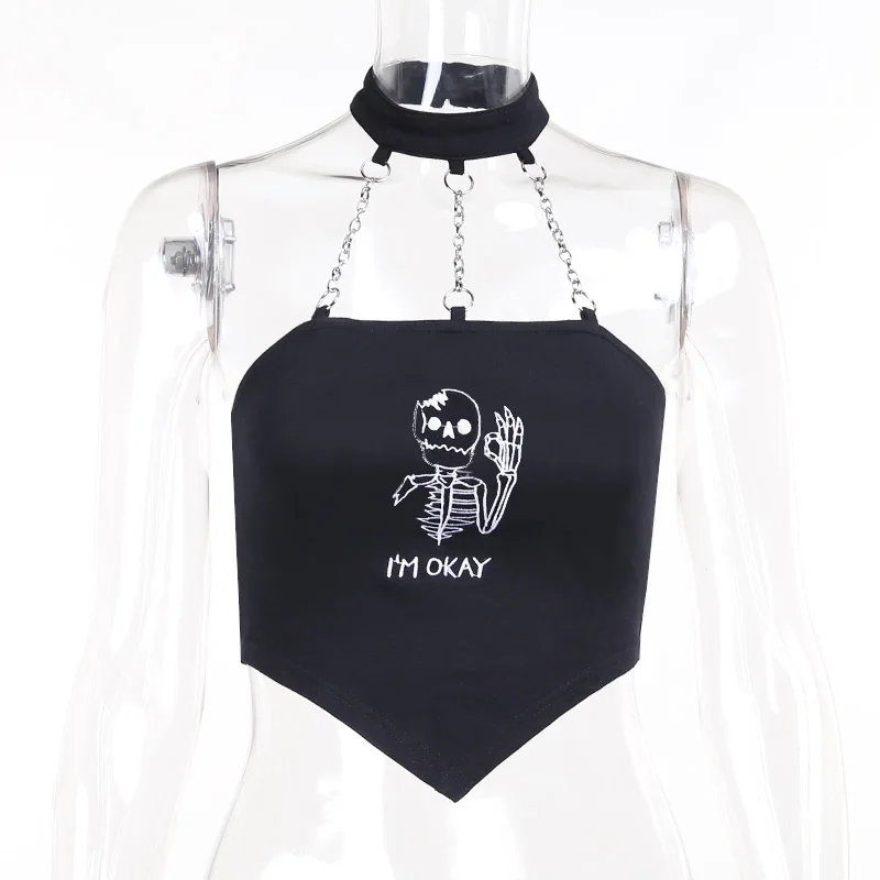 

Gothblack Women Halter Slim Sexy Camisole Gothic Bodycon Splice Chain Skeleton Printed Tank Tops Fashion Summer Party Club Vest