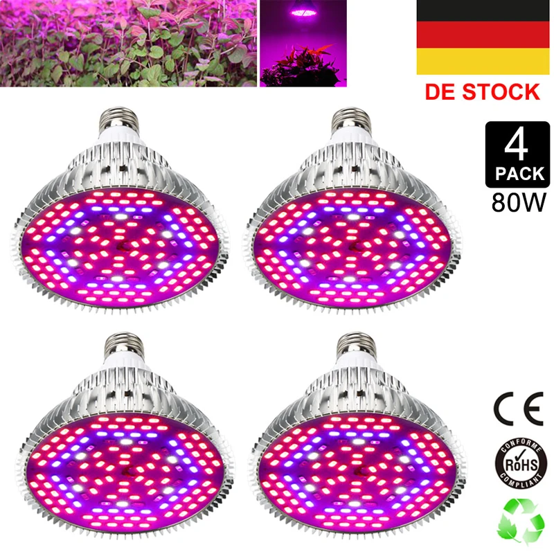 4pcs/lot 80W Growing Lamp Full Spectrum LED Grow Light E27 5730SMD Led Lamp For Plants And Hydroponics Grow Bloom Lighting