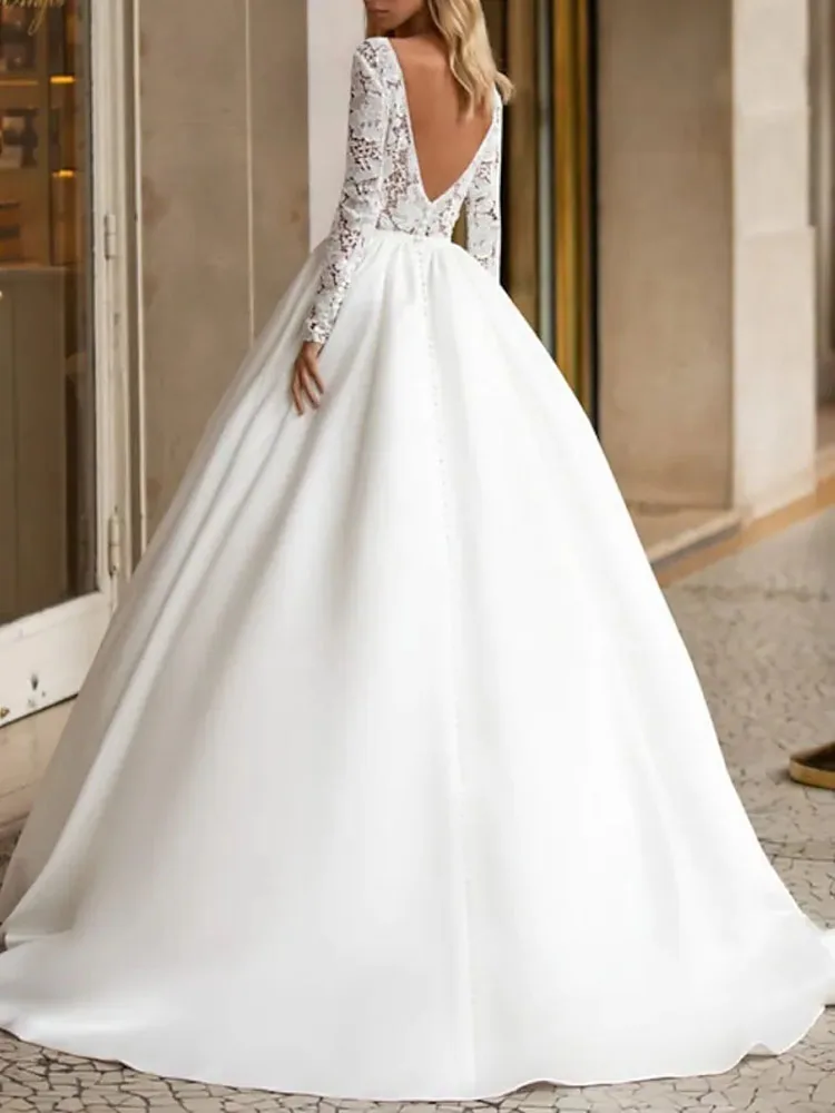 

A-Line Series Wedding Dress V-neck Luxury Lace Tulle Soft Satin Long Sleeved Open Back Bridal Gown 2021