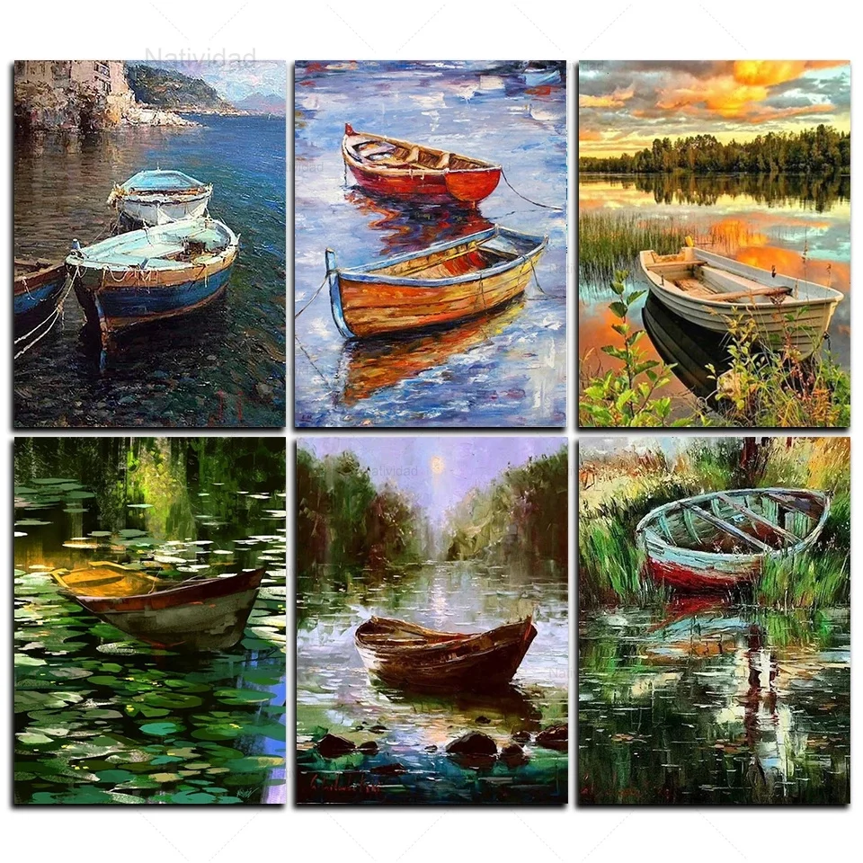 

5D Diy Full Square Round Scenery Diamond Painting Abstract Oil Painted Landscape Embroidery Full Drill Boat Handmade Home Decor