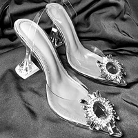 women pumps elegant pointed toe rhinestones high heels wedding shoes crystal clear heeled slingback pumps sandals plus size34 42