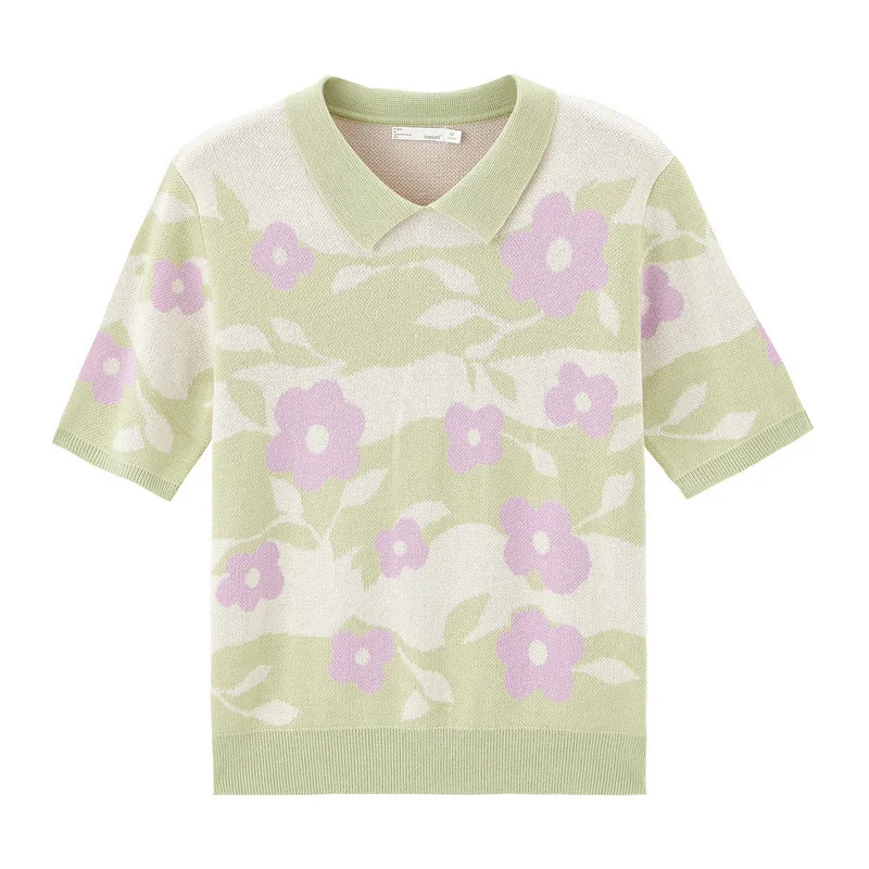 INMAN 2020 Spring New Arrival Literary Lapel Flower Jacquard Weave Base Short Sleeve Knit Sweater | Женская одежда