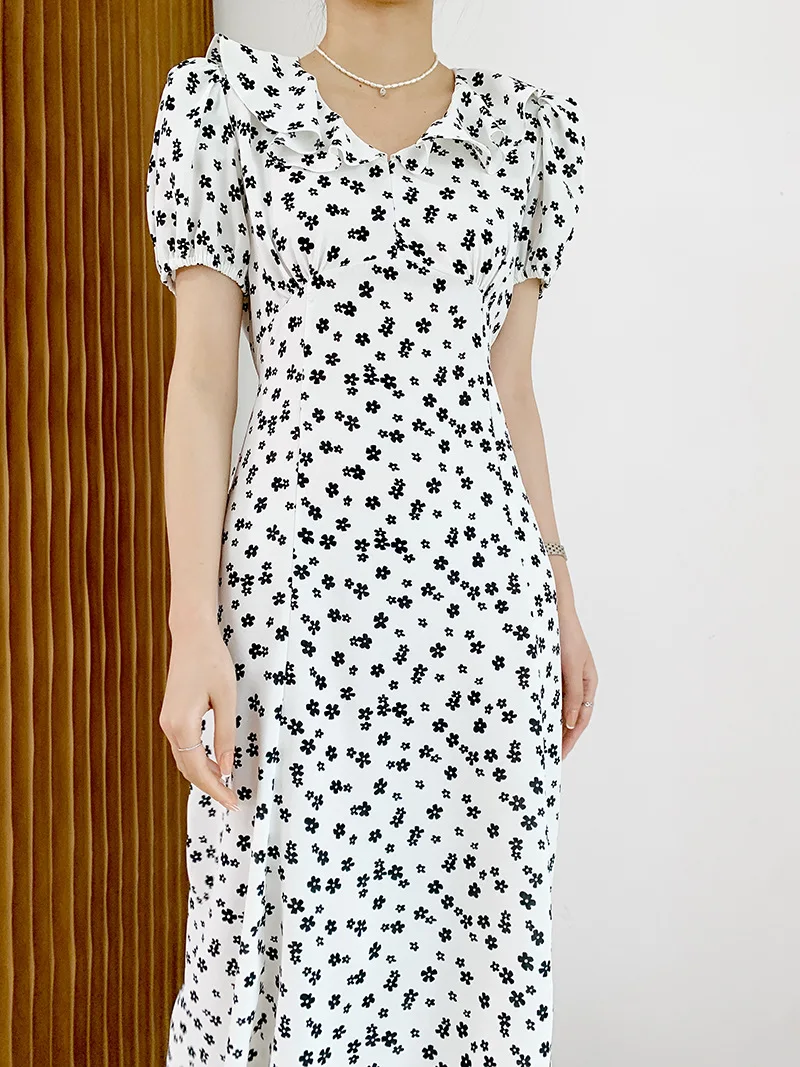 

2021 Summer Dress Women Chiffon A-Line Long Dress Women Casual Floral Print Dress Puff Sleeve V-Neck Boho Dress Vestidos Femme