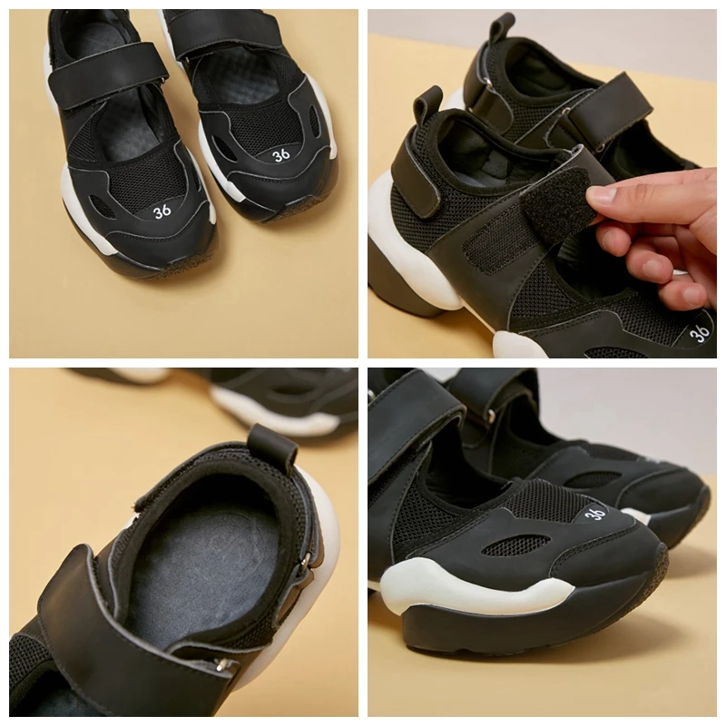 

SIMLOVEYO New 2021 Women Sneaker Sports Shoes Round Toe 6cm Heels Genuine Leather Stretchy Hook&Loop Simple Hiking A3509