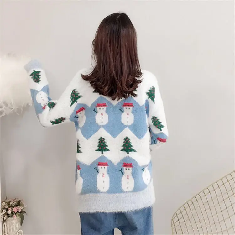 

Christmas Tree Mohair Sweater 2019 Autumn Woman Runway Stitching Color Thick Knit Pullovers Long Sleeve Loose Sweater for Women