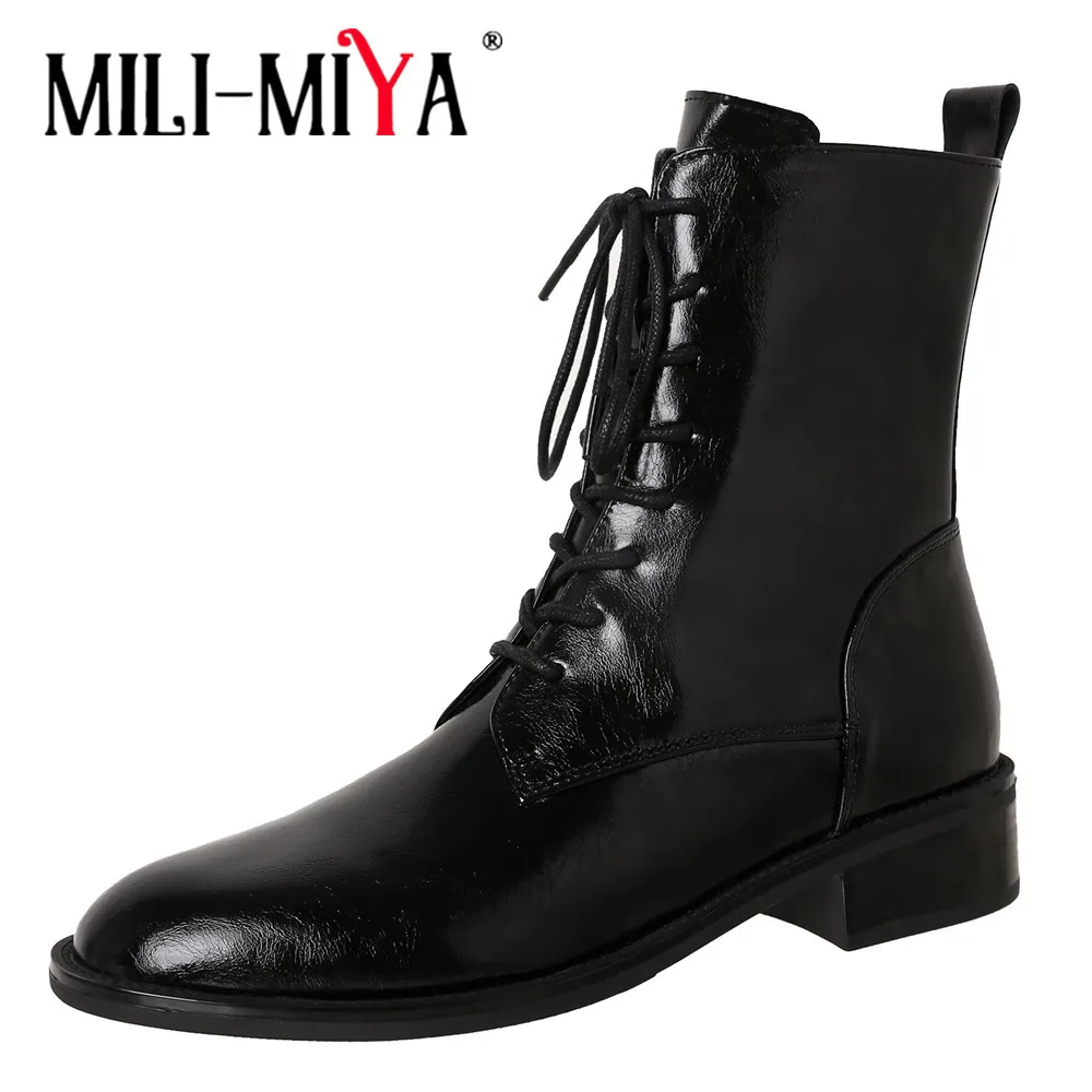 

MILI-MIYA Hot Sale Genuine Leather Women Ankle Boots Retro British Style Fashion Round Toe Cross Tied Zipper Square Heel Shoes