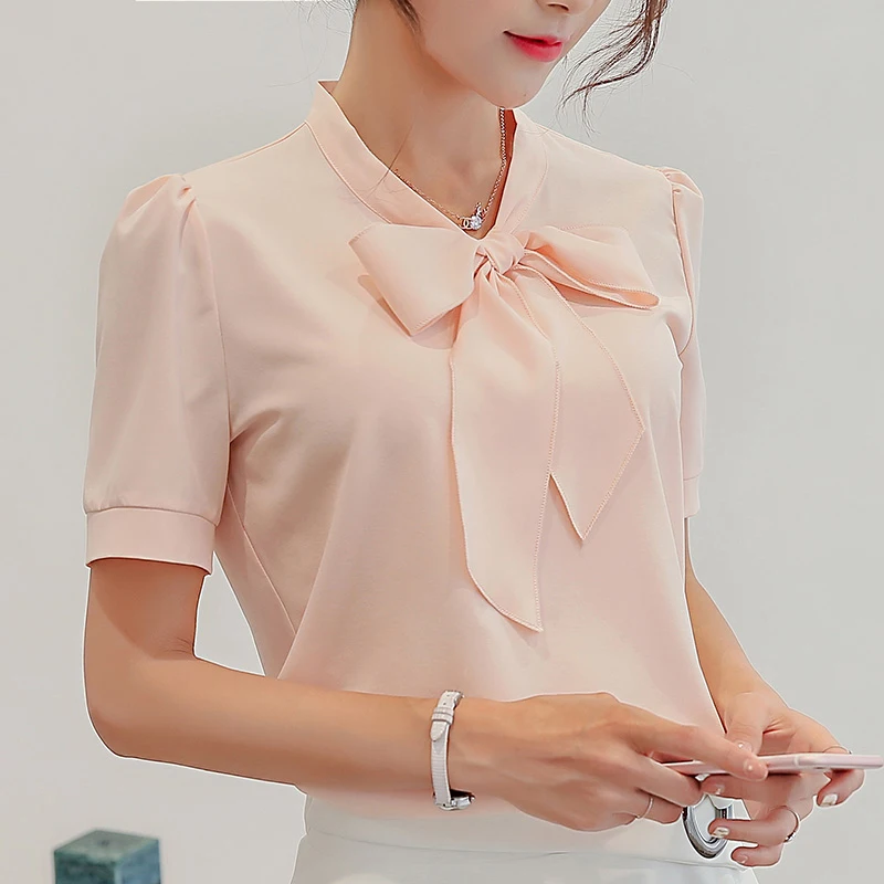 

Blouses For Women Summer Women Tops Short Sleeve Casual Chiffon Blouse Female Work Wear Solid Pink Office Shirts
