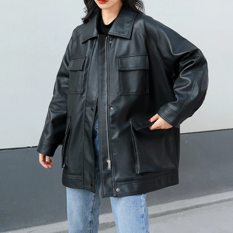 

Loose Retro Big Pocket Women Faux Leather High Quality Pu Leather Woman Faux Leather Fashion Zipper Motorcycle Women's Jacket