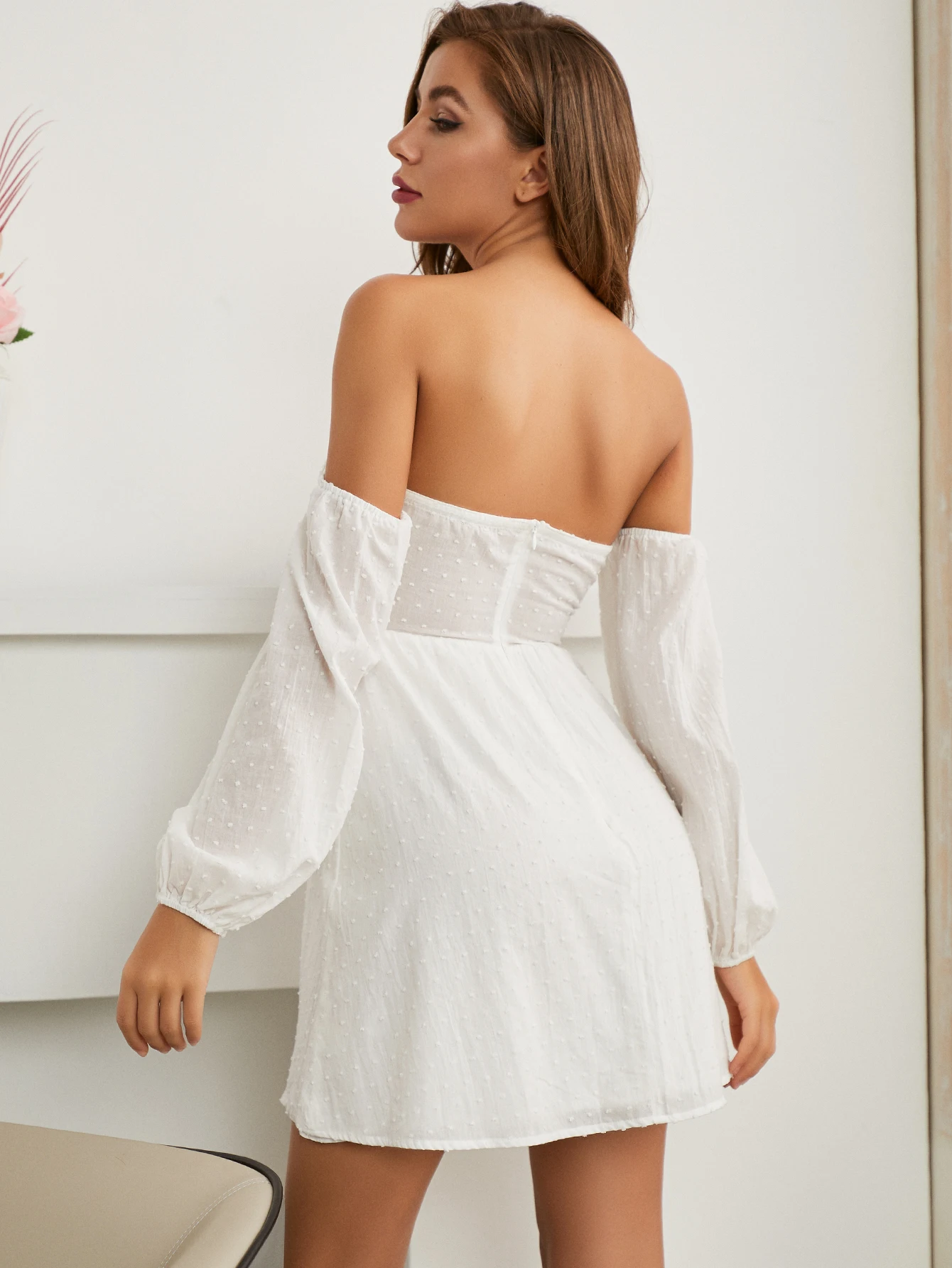 

Summer Women's Dress 2021 Women Off Shoulder Lace Trim Tie Front Swiss Dot Dress