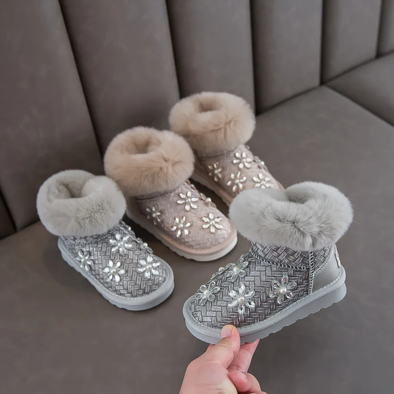 

Baby Girl Snow Boots Children Sequin Rhinestone Flower Brand Desgin Grey Golden Warm Shoes for Kid Fur Boots Little Girl Boots