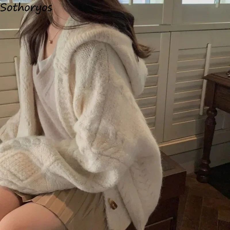 

Women Hooded Cardigans Horn Button Vintage Gentle Twist Sweaters LeisurePreppy Soft High Quality Lazy Glutinous Sueter Mujer