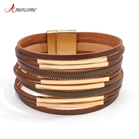 amorcome multilayer metal bars leather bracelets for women fashion simple wrap bracelet bangle unisex jewelry