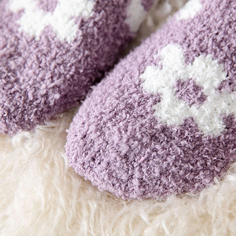Women Winter Coral Velvet Fuzzy Slipper Socks Sweet Floral Jacquard Solid Color Microfiber Cozy Warm Sleeping Hosiery | Женская одежда