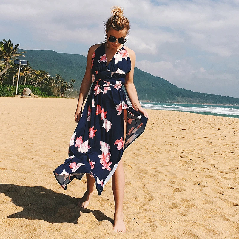 Женский сарафан с цветочным принтом длинное пляжное платье макси без рукавов v