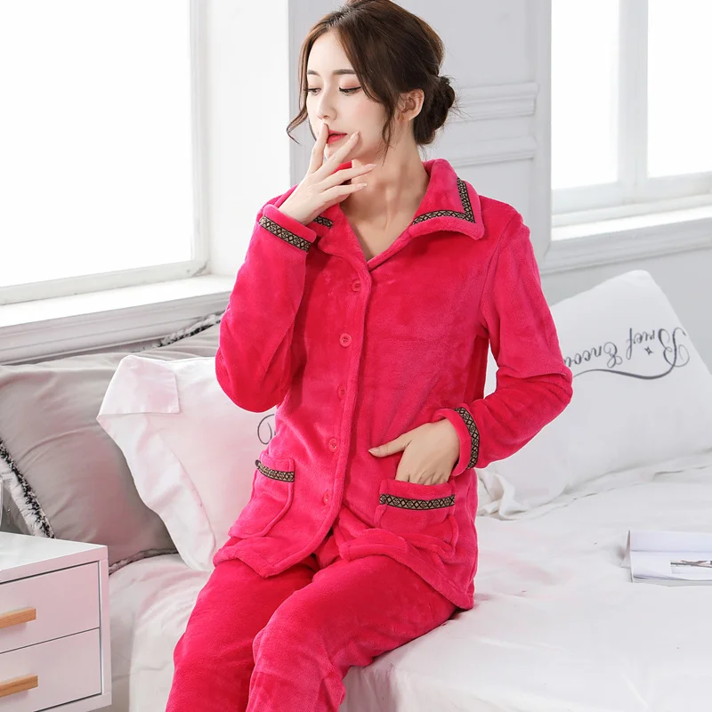 sleepwear Пижамы женские зимние длинный рукав фланель пижамы женские теплые толстые коралловые флисовая Пижама для зимы домашний костюм пижамы для женщин - Цвет: sleepwear