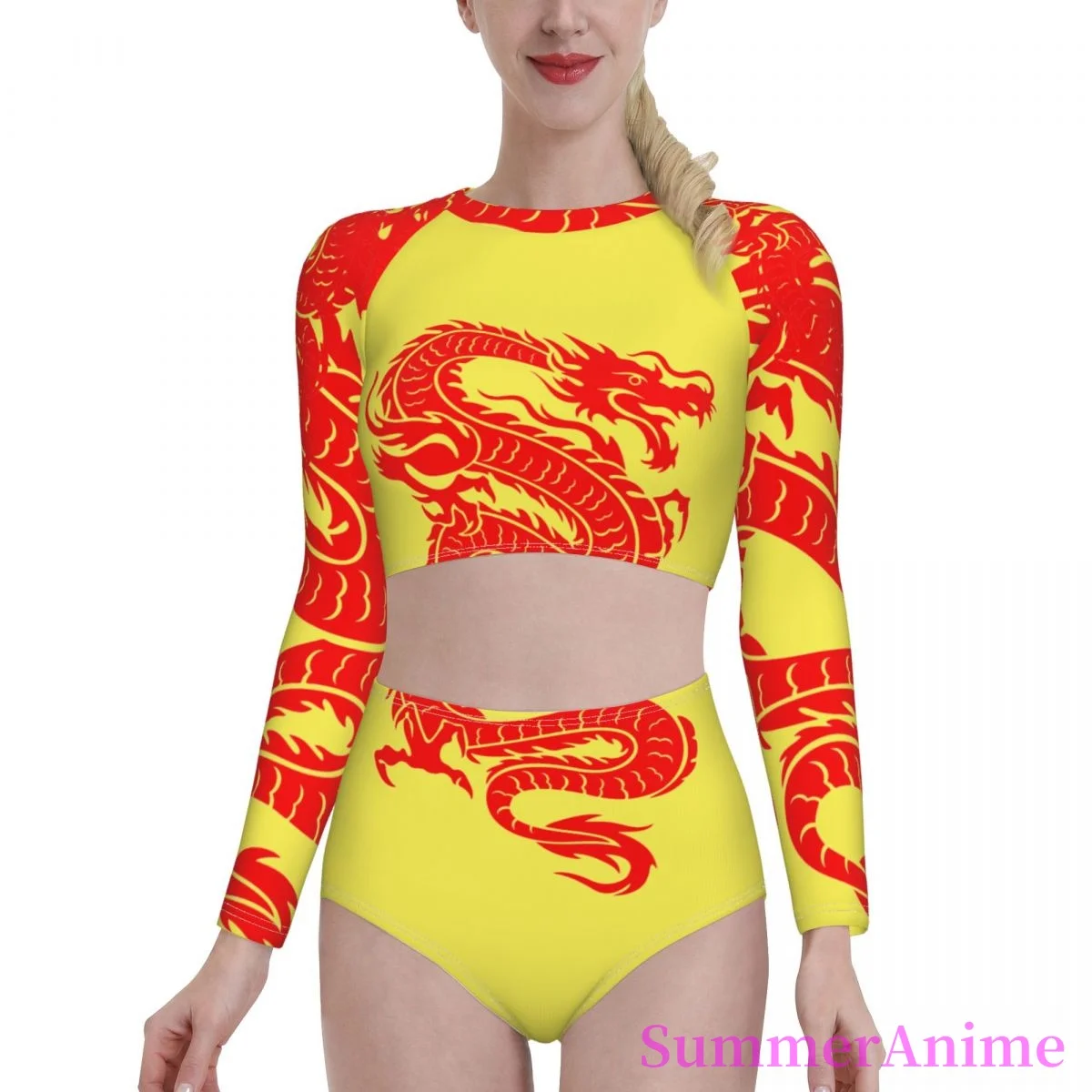 

Bikinis Dragon Tattoo Exotic 2021 Women Long Sleeve Swimsuit high Waist swimsuit separate Asian Culture bathing suit SwimSuit