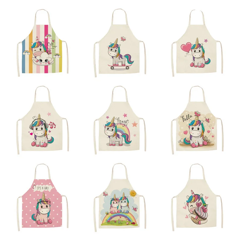 

Cartoon Unicorn Print Kitchen Apron Men Women Chef Cooking Aprons Bibs Cotton Linen Waist Apron Cleaning 68*55cm WQ-0258