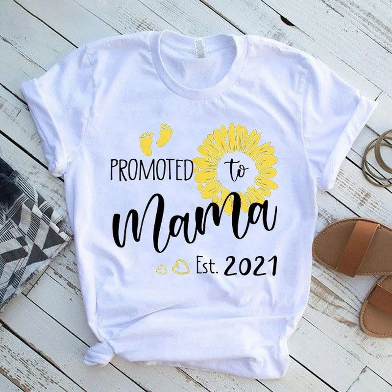 

Promoted To MAMA Sunflower Print Women T Shirt Short Sleeve O Neck Loose Women Tshirt Ladies Tee Shirt Tops Camisetas Mujer