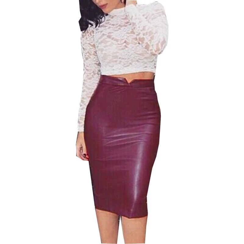 

Women PU Leather Sexy Clubwear Long Skirt Solid Color High Waist Slim Hip Pencil Skirts Vintage Bodycon Skirt