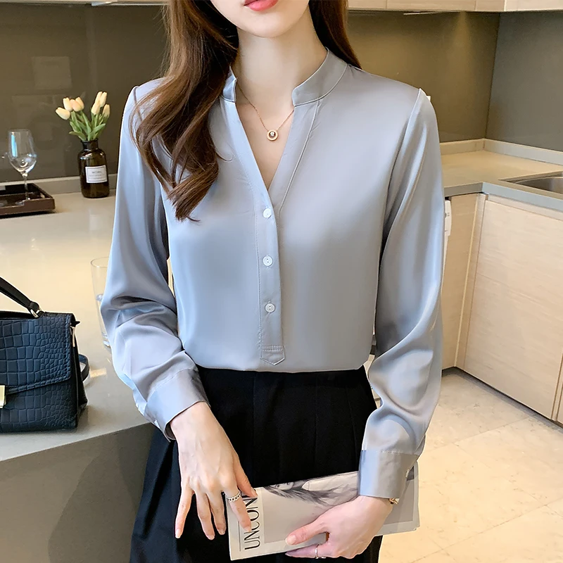

2021 French V-neck Women Long-sleeved Elegantes Blusas Female Chiffon Top Solid Button Up Shirt Champagne Blue Dropshipping 2145