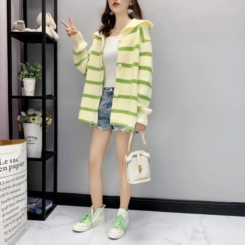 2019 autumn and winter wear loose striped sweater cardigan female ins very immortal foreign gas wild woolen coat jacket tide |