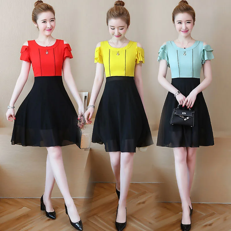 

New women's temperament splicing Chiffon A-line dress short sleeve o-neck elegant casual dress summer new fashion dress SS820