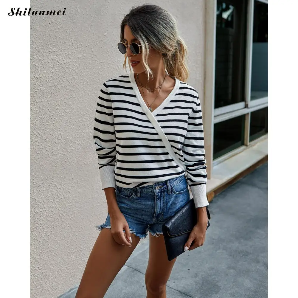 

Casual 2020 Autumn Street Sweater Autumn Dot Striped Print Sweater Women Loose V Neck Knitted Pullovers Jumpers Tops White Khaki