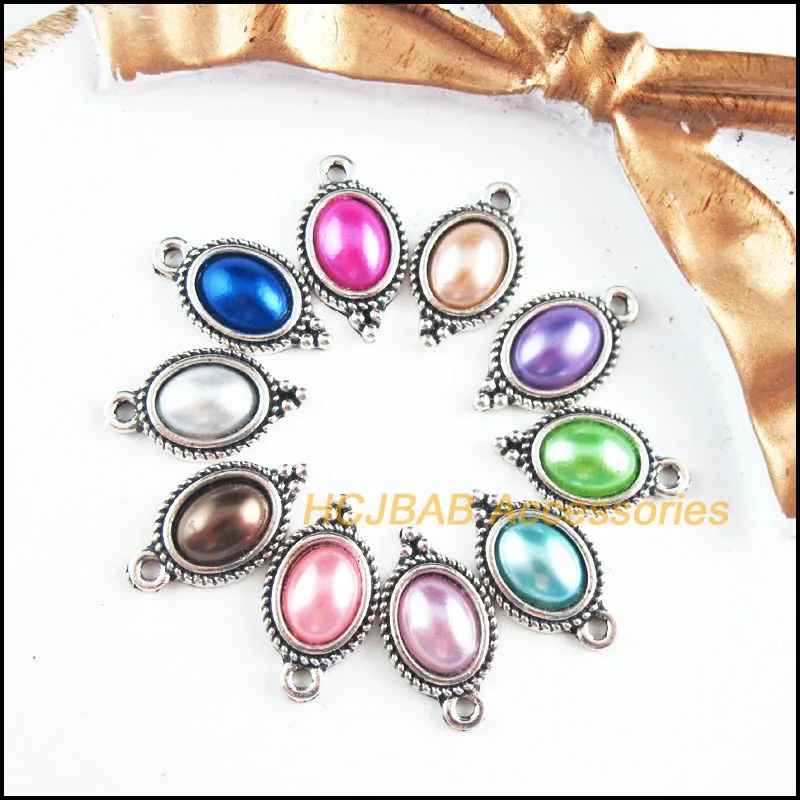 

20 New Oval Charms Tibetan Silver Tone Retro Mixed Acrylic Flower Pendants 9x17mm