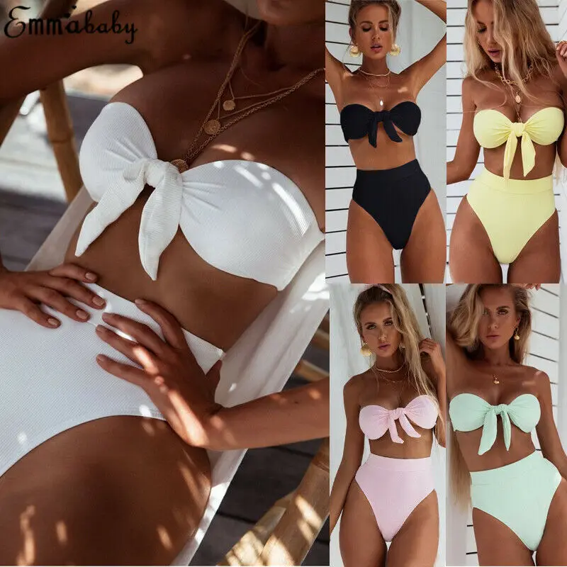 

Hirigin Strapless Bandage Bikini 2019 Women Swimwear Bust Bowknot Push Up Padded Bikini High Waist Women Swimsuit Bathing Suit