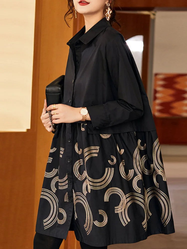 

Тренчкот женский с вышивкой, рубашка-топ, свободная верхняя одежда средней длины с длинными рукавами, большие размеры, весна-осень 2021