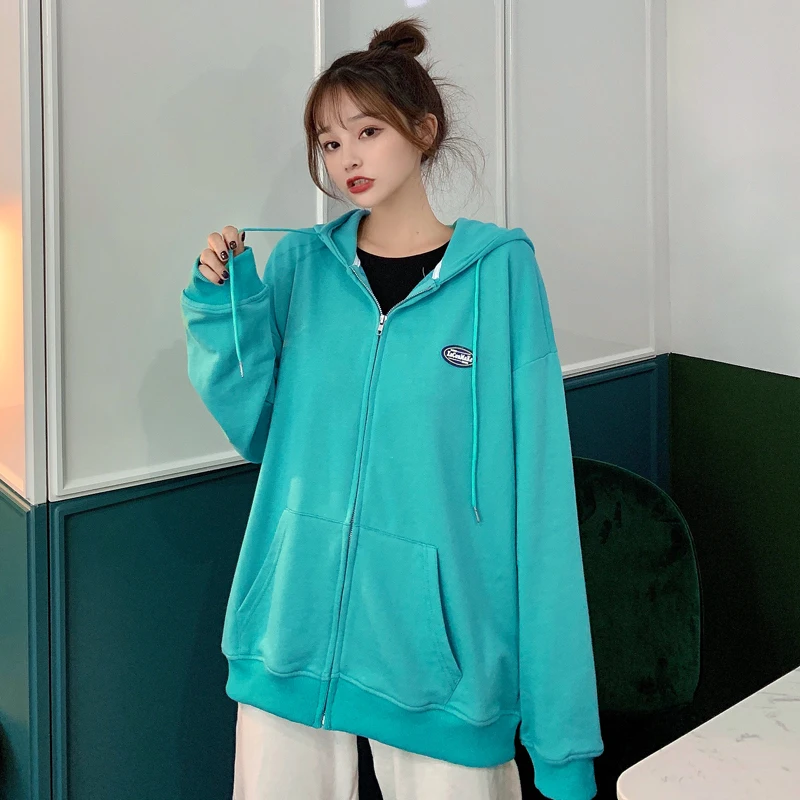 

Korean Style Simple Sweatshirt Women Hoodies Long Sleeve Loose Embroidered Lettered Hooded Thin Jacket Female Black Sweatshirts
