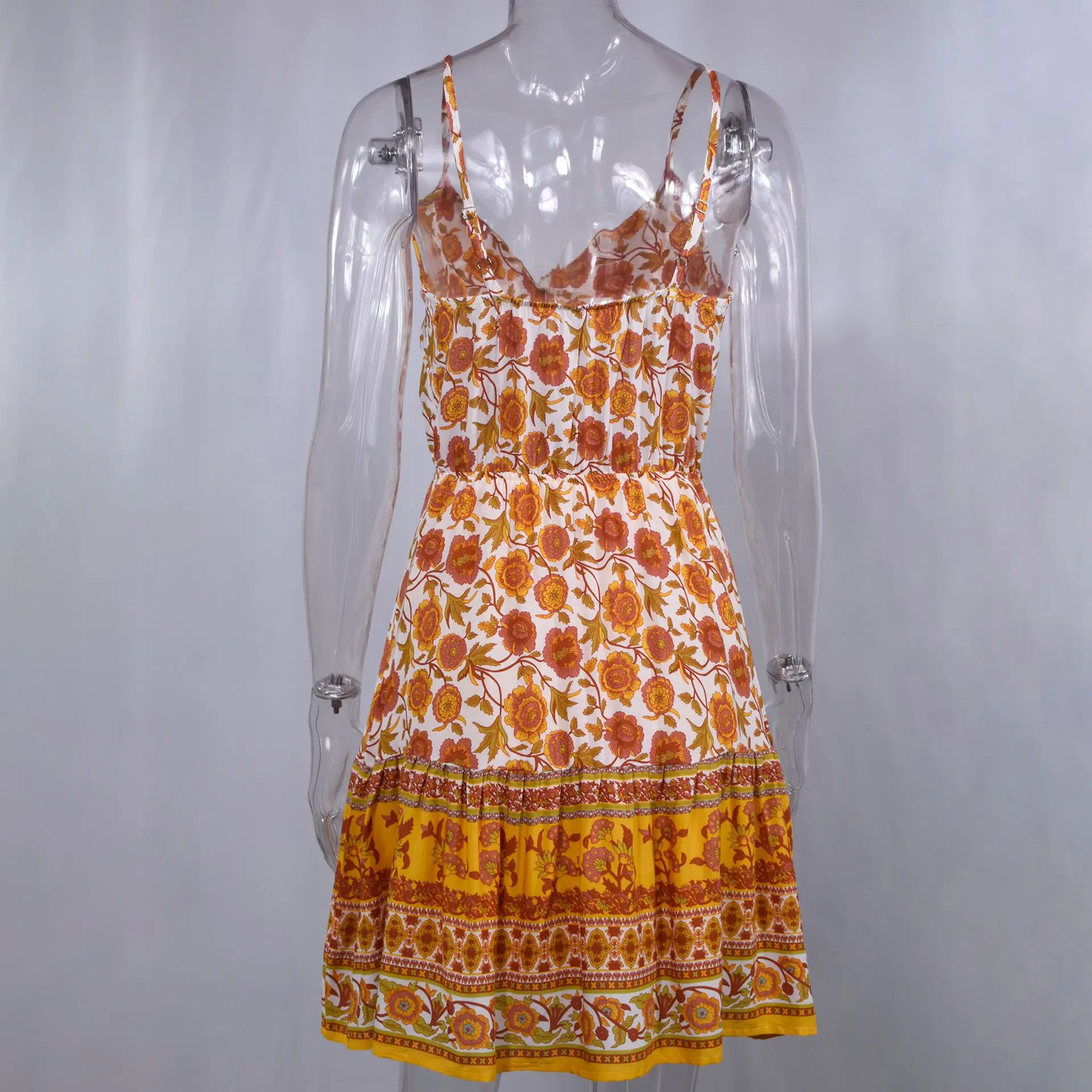 

Cotton Women Dress Summer Strap Vintage Floral Print Dress Boho Beach Casual V Neck Button Elastic Waist A Line Dress Vestidos