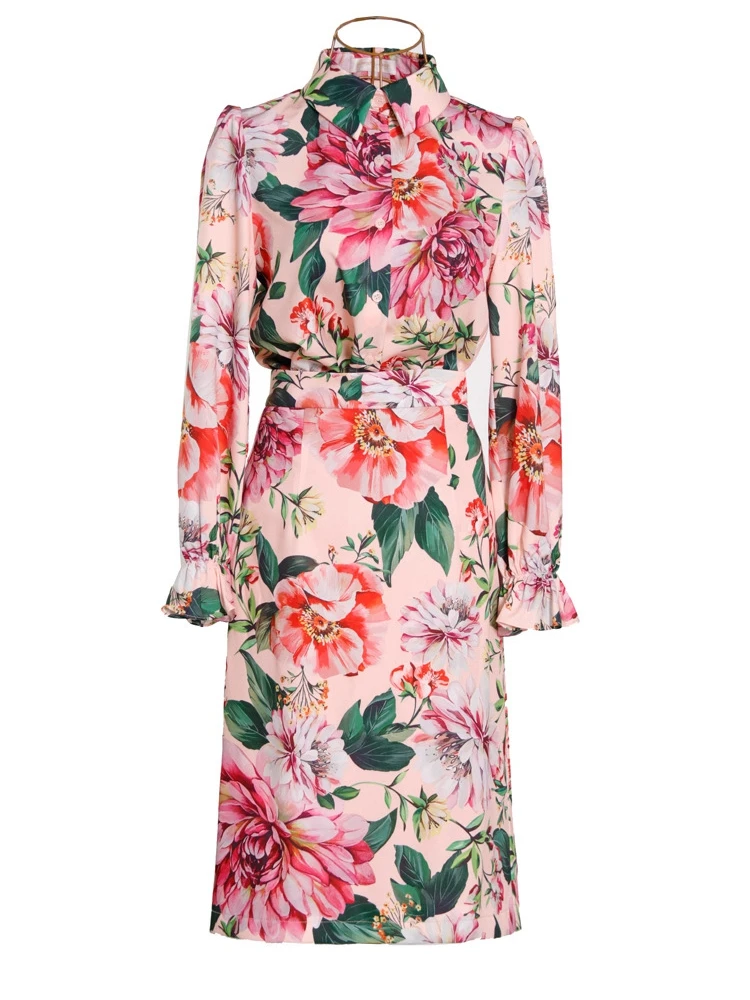 

2020 Autumn New Fashion Two Piece Set Women Colorful Flower Print Long sleeve shirt Tops+High waist Skirt Set Suits