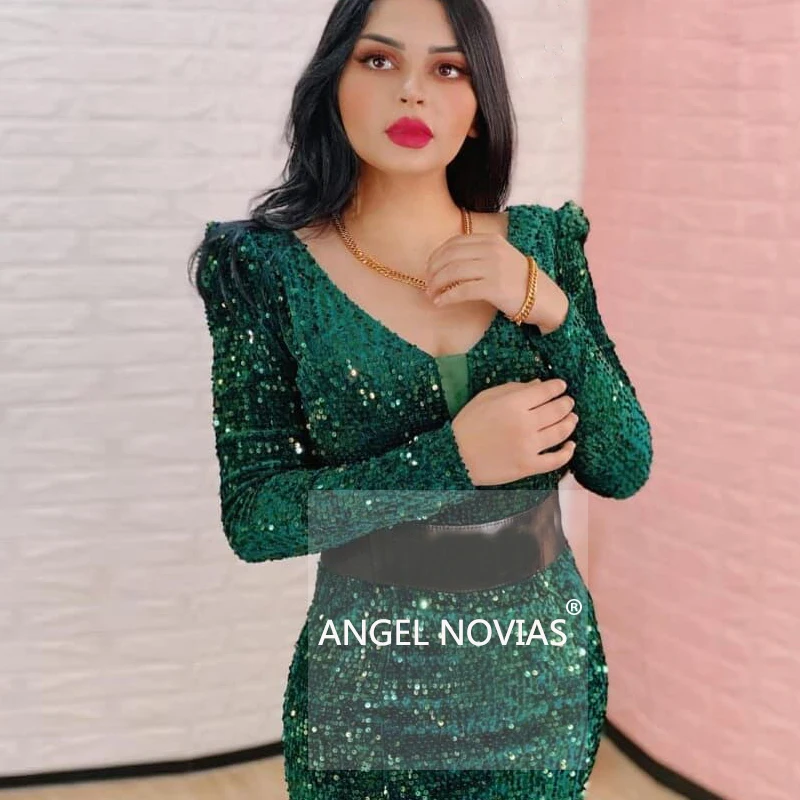 

Long Sleeves Mermaid Muslim Green Sequins Evening Dress 2021 V Neck for Women Elegant Prom Formal Gowns Custom Made