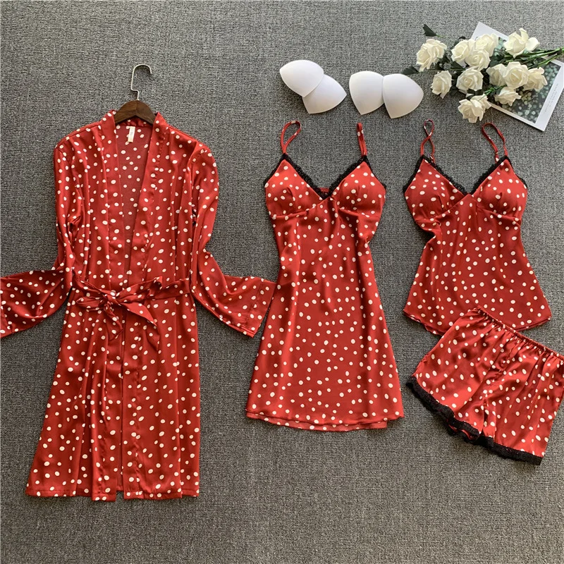 

Women Pajamas 4 Pieces Satin Pajamas Sets Sleepwear Silk Home Wear Sleep Lounge Lace Pyjama with Chest Pads