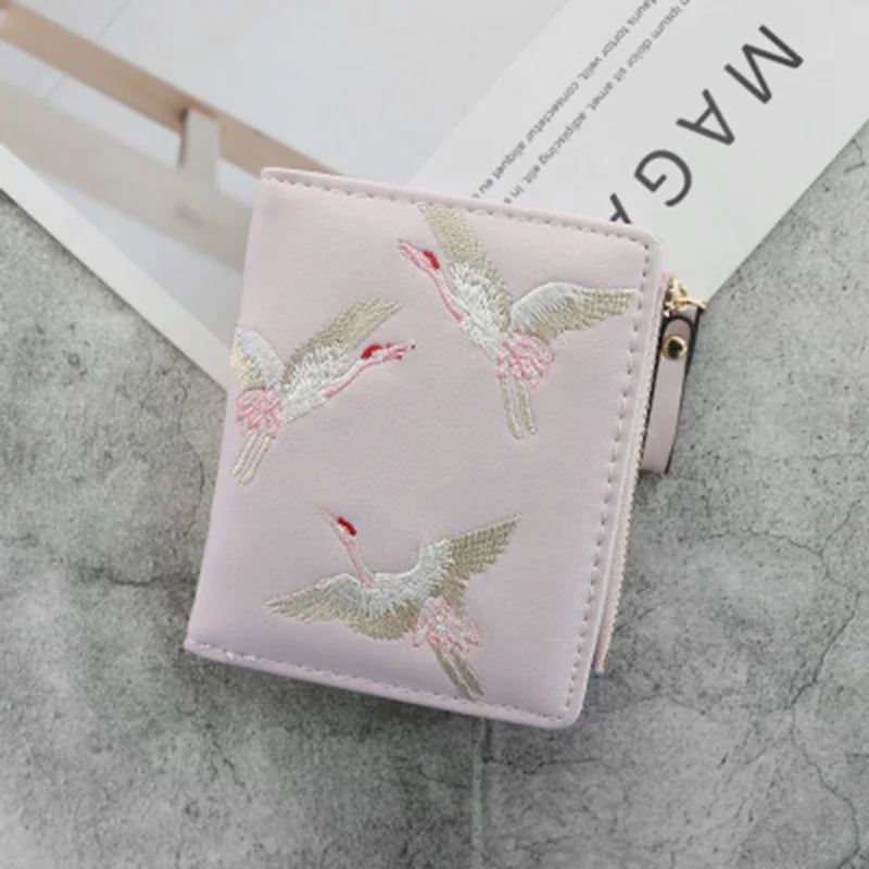 Женский кожаный кошелек кошельки женские журавли с вышивкой короткий на молнии