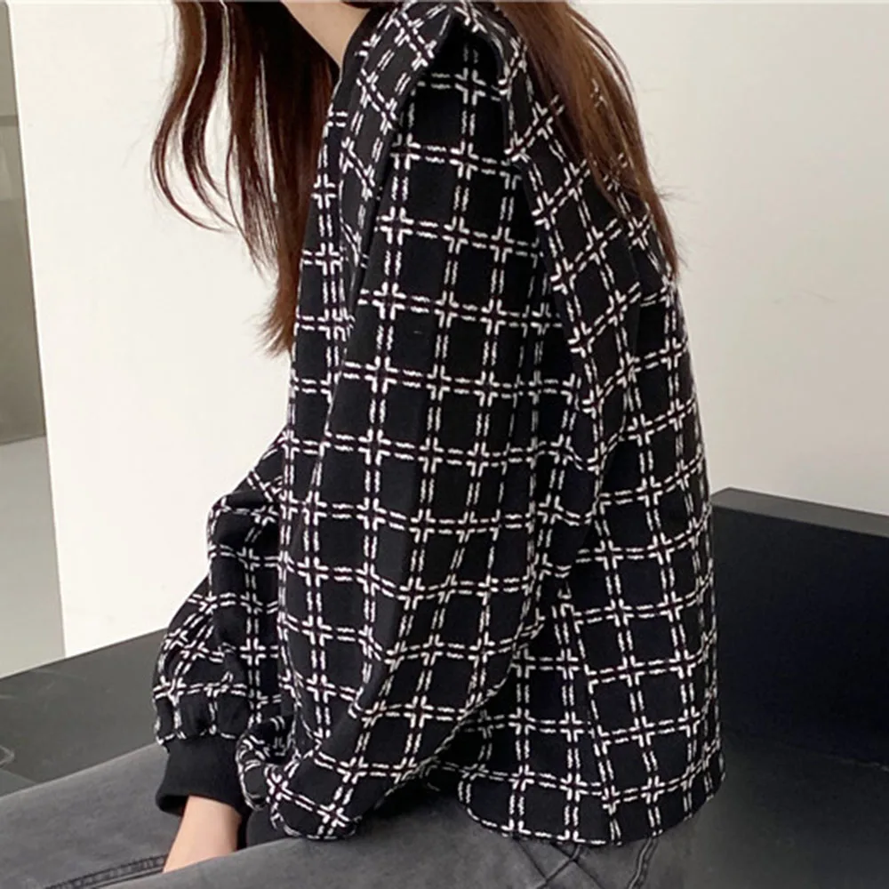 

Spring Autumn Plaid Woolen Cloth Blouse Korea Pullover Loose Streetwear Women Top Simplicity Round Puff Sleeve Lady Tops
