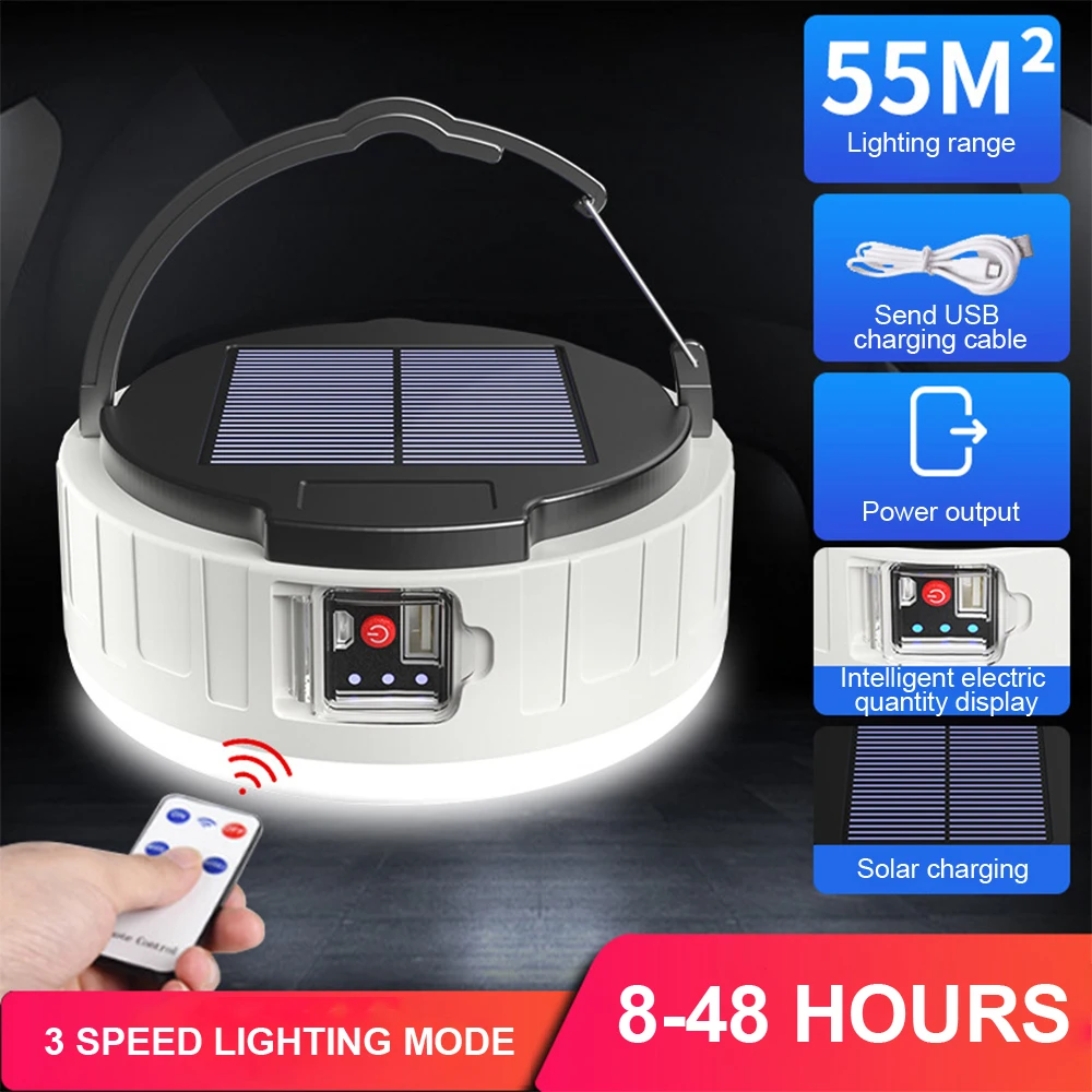 

Three Gears Rechargeable LED Bulb Lamp Remote Control Solar Charge USB Outdoor Camping Hiking Emergency Lamp Restractable Hook
