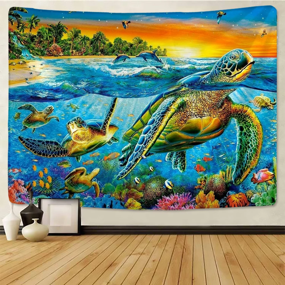 

Cartoon Sea Turtle Dolphin Tapestry Wall Carpets Hanging large size Ocean Decorative Tapestry Boho Yoga Picnic Mat Beach Towel