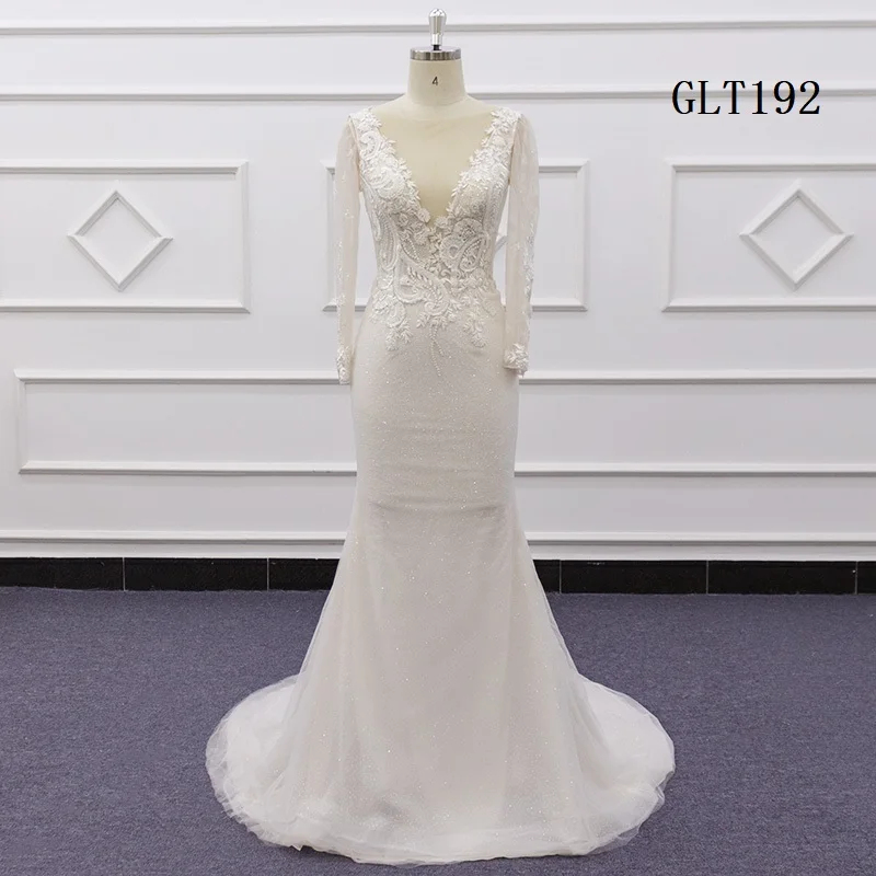 

Свадебное платье Molanda Hung Шампанское Аппликация Русалка Вышивка V-образный вырез Robe De Mariee Блестящий рукав молния пуговицы GLT192