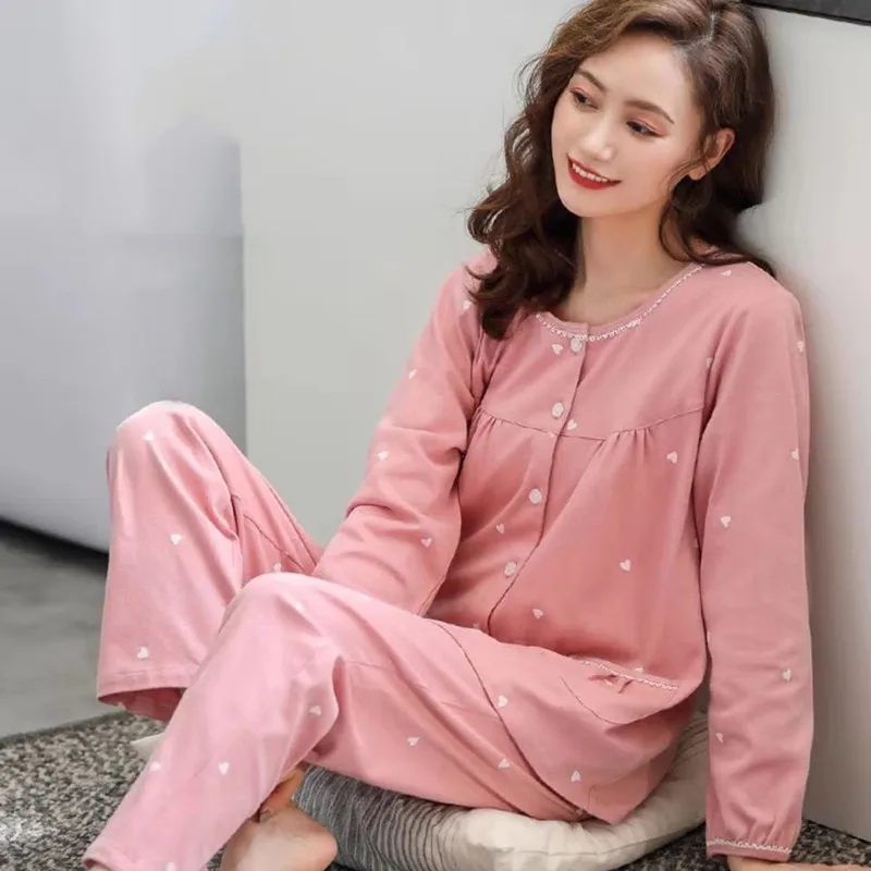 

M-3XL 100%; Пижамный комплект из хлопка; Одежда для женщин; Сезон осень; Большие размеры с длинными рукавами и длинные штаны, одежда для сна, повсе...