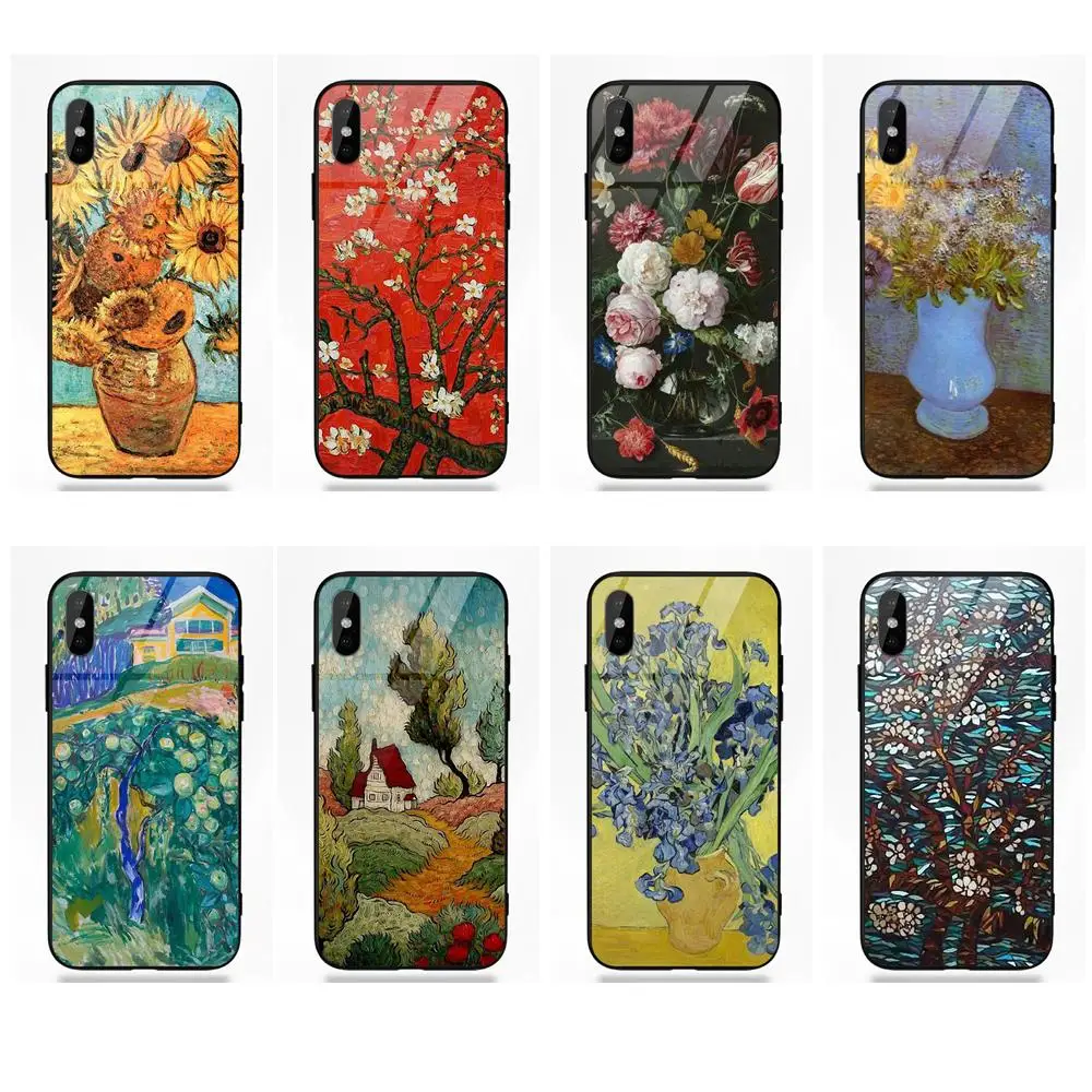 Omdnwd Винтаж Ван Гог цветок Мягкий ТПУ оправа закаленное стекло Coque для Apple iPhone 5 5C 5S