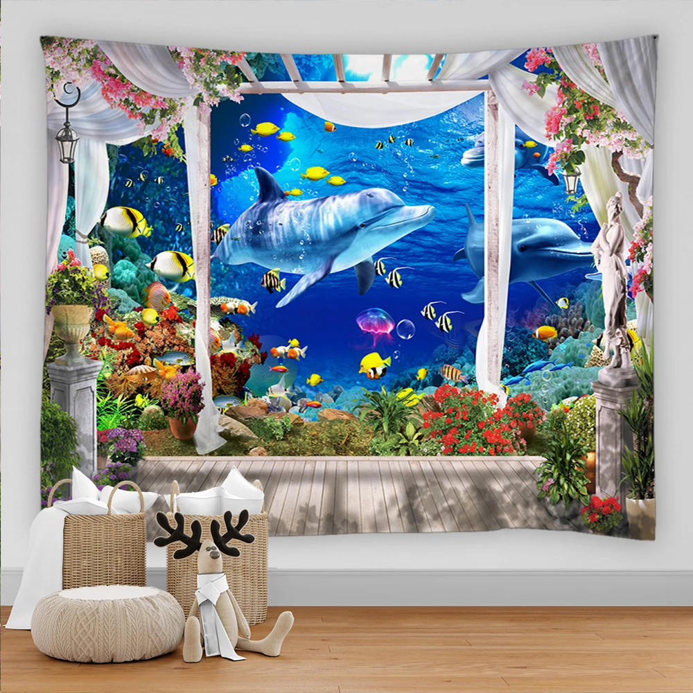 

Sea Turtle Fish Dolphin Tapestry Wall Carpets Hanging Ocean Decorative Tapestry Boho Yoga Picnic Mat Beach Towel Tapestries