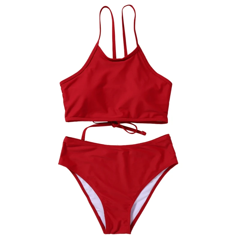 

Women Vintage Swimsuit Two Piece Wine Red High Waist Tempt Retro Halter Ruched High Waist Bikini