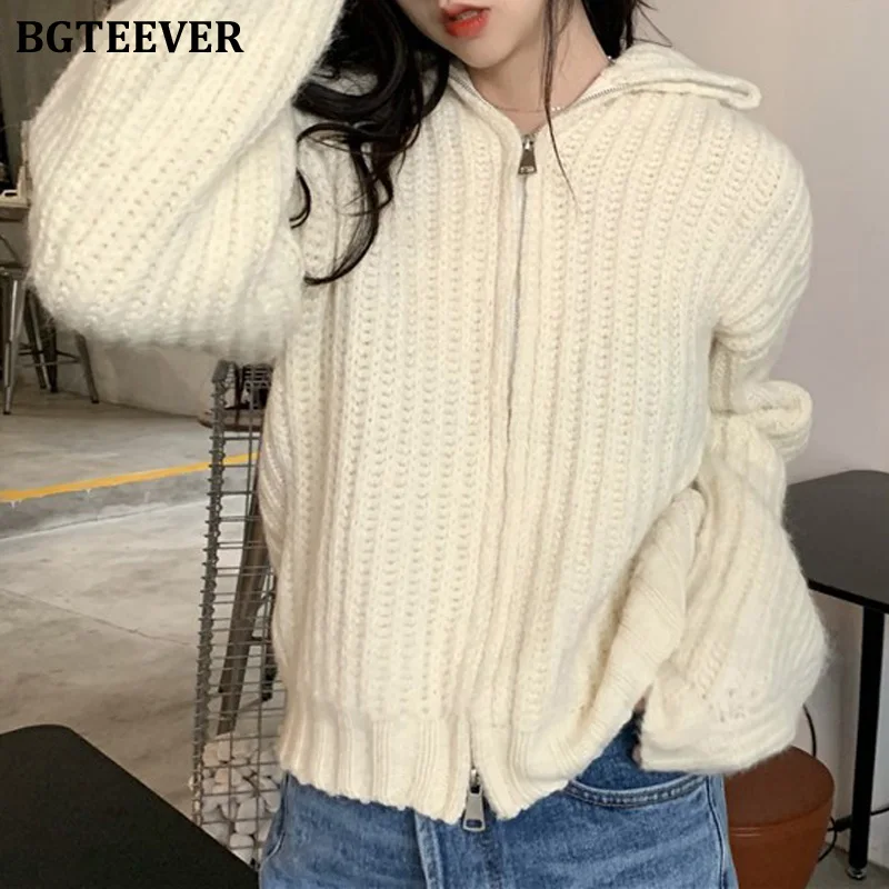 

BGTEEVER Autumn Winter Thicken Loose Women Knitted Cardigans Tops Casual Long Sleeve Zippers Female Solid Open Stitch Sweaters